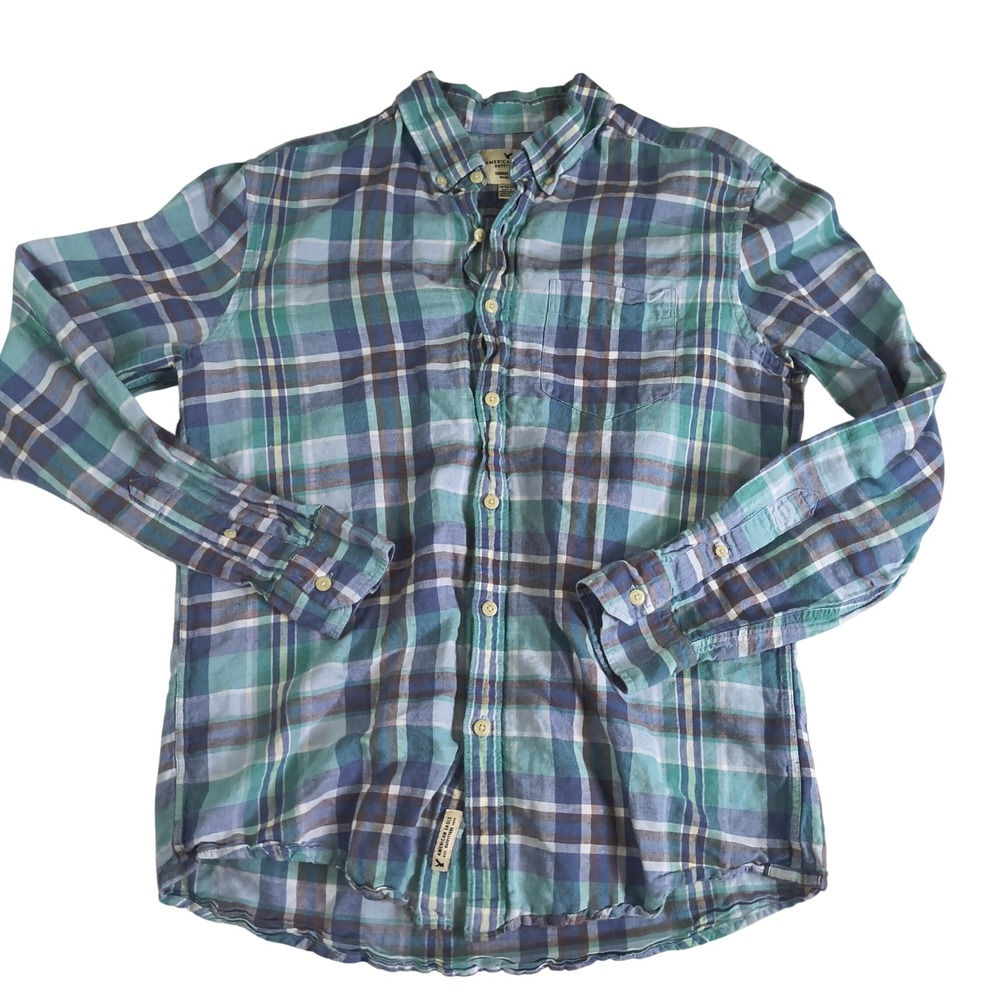 American Eagle Plaid‎ Button Down Shirt Mens Medium Linen Blend Green Blue